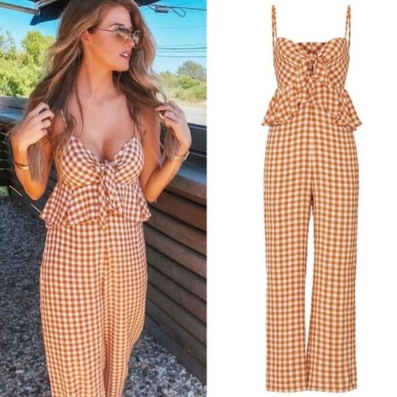 Saylor Laken Sparrow Brown White Gingham Peplum Tie Front Jumpsuit Sz M - Picture 16 of 16